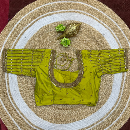 38” M Size 8 Aari Worked Sari Blouse Indian Saree Top Mehndi Green B292