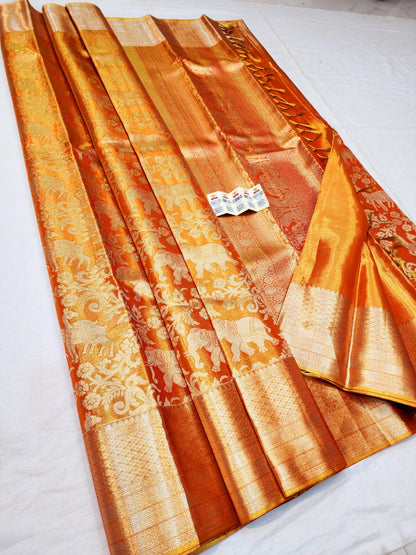 Bridal Tissue Kanchipuram Pure Silk Saree Orangish Gold Kanjivaram Sari| SPK087