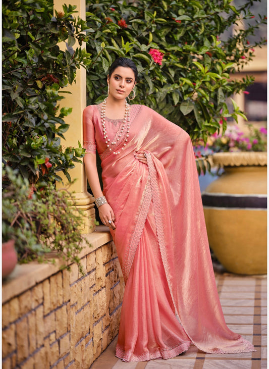 Peach Indian Fancy Party wear Saree Fendi Silk Sari S138