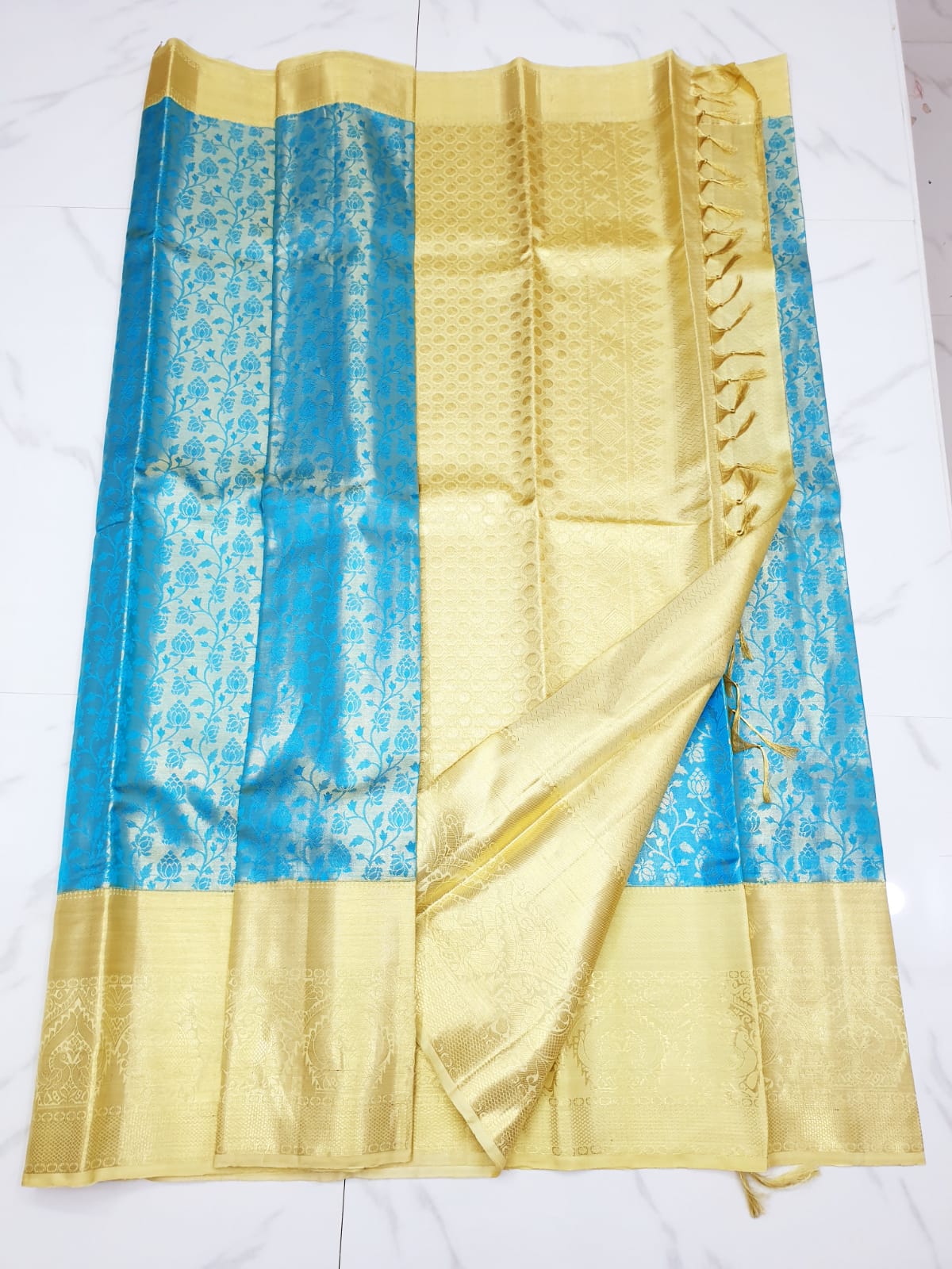 Bridal Kanchipuram Pure Silk Saree Blue Cream Kanjivaram Sari| SPK178