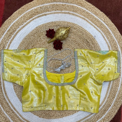 L44” Size 14 Aari Worked Sari Blouse Indian Saree Top Metallic Yellow B261