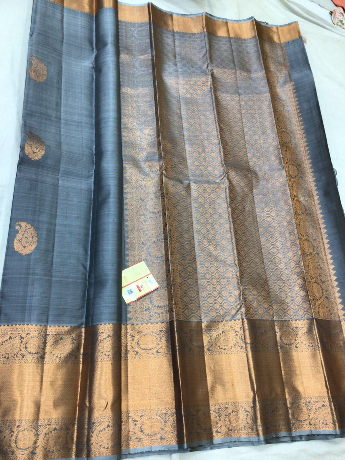 Kanchipuram Pure Silk Saree Grey & Copper Kanjivaram Sari| SPK135