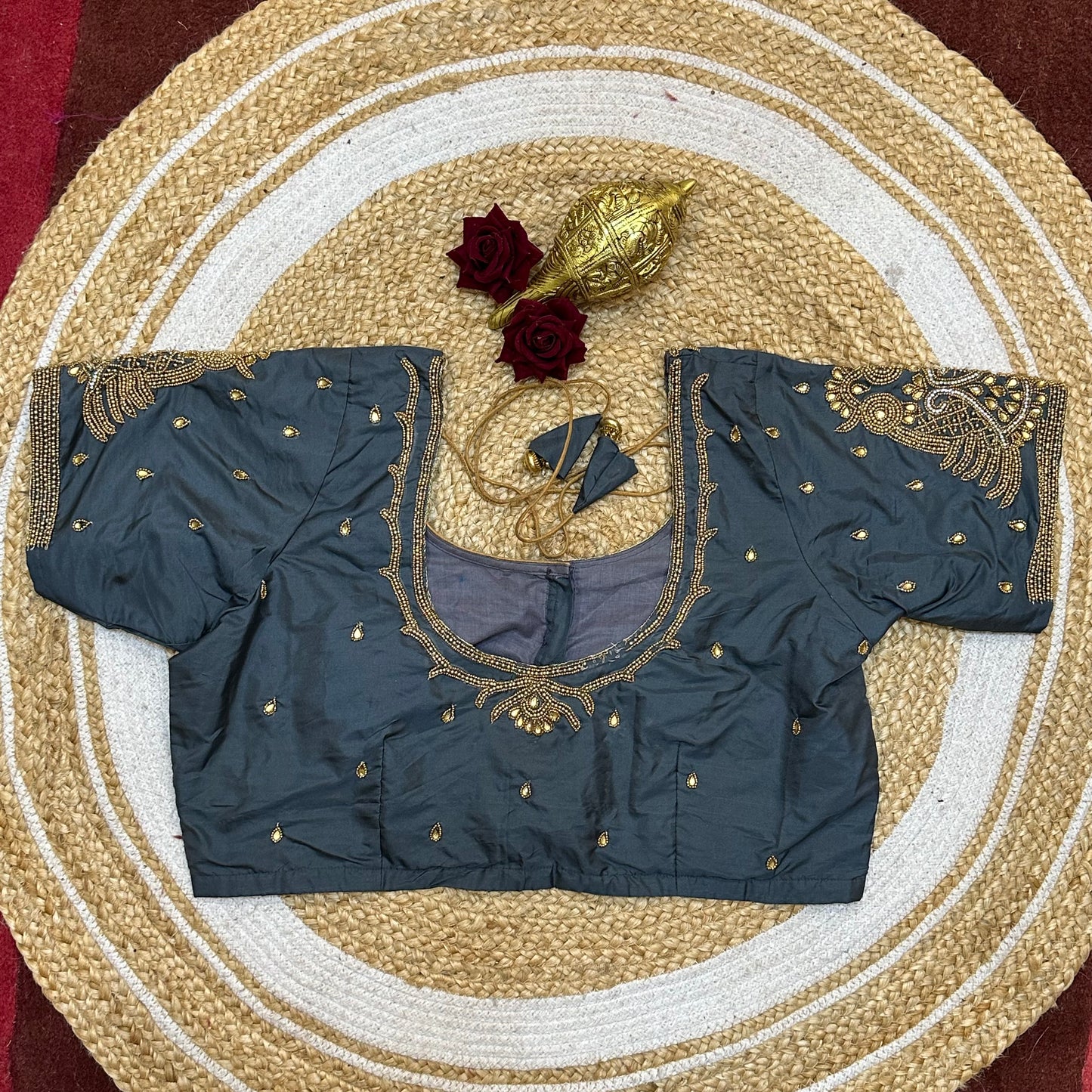 44” Size 14 Aari Worked Sari Blouse Indian Saree Top Silk Grey B245