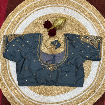 44” Size 14 Aari Worked Sari Blouse Indian Saree Top Silk Grey B245