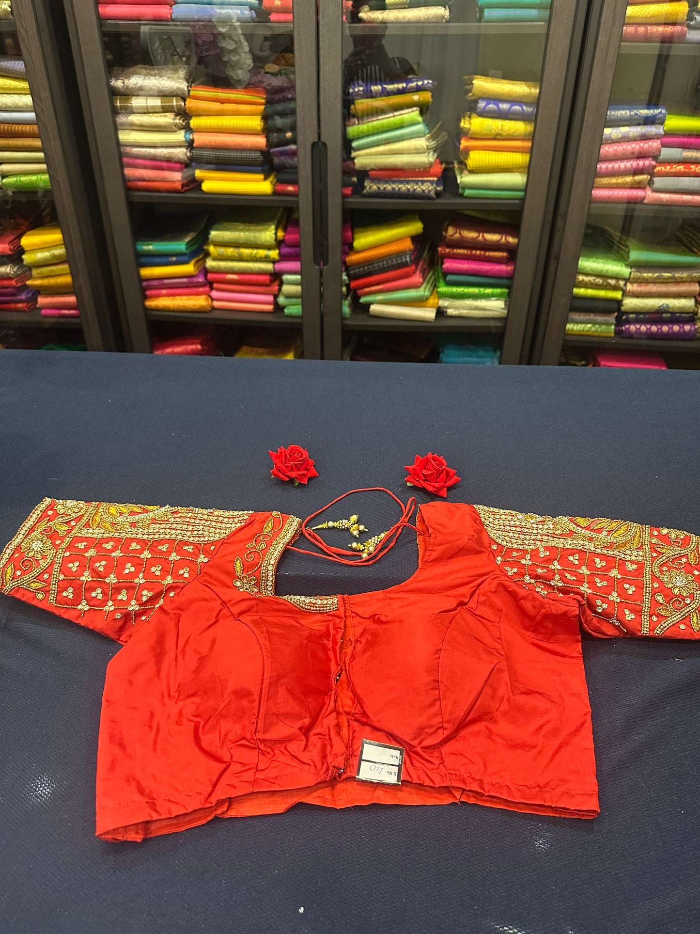 40” Aari hand Worked Sari Blouse Indian Top Choli Silk Red B17
