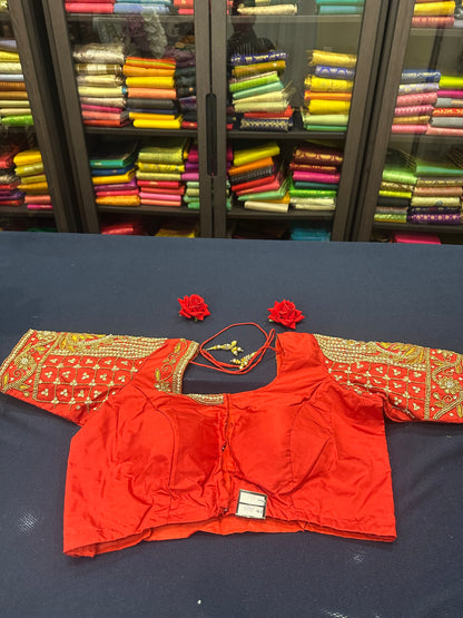40” Aari hand Worked Sari Blouse Indian Top Choli Silk Red B17