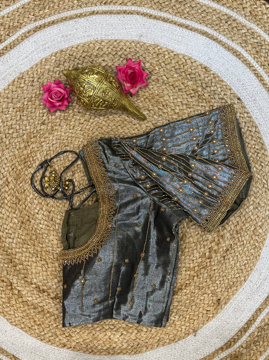 40” Size 10 Aari Worked Sari Blouse Indian Saree Top Silk Metallic Grey B89