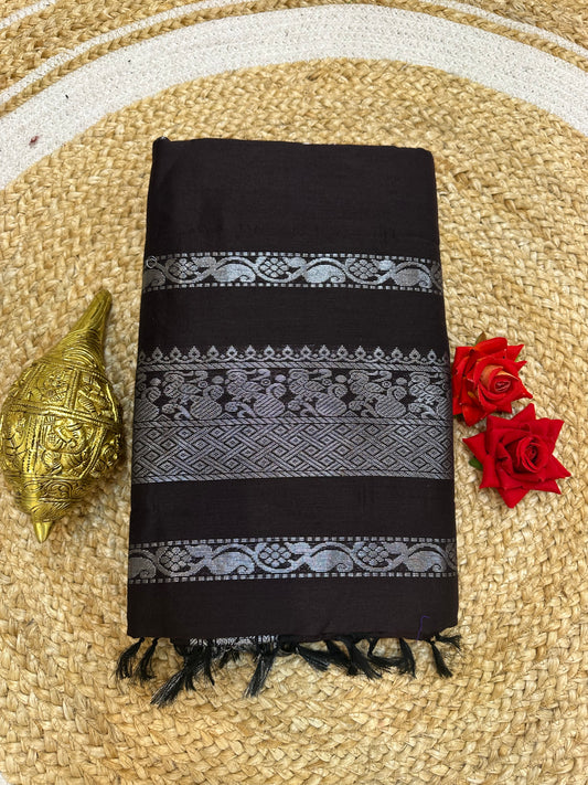 Brown Silver Kalyani Silk Cotton Traditional Sari South Indian Saree S140