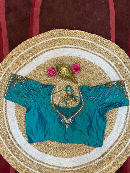 40” Size 10 Aari Worked Sari Blouse Indian Saree Top Silk Teal Green B90
