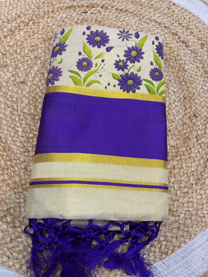 Purple Kerala Vishu Sari Indian Cream Tissue hand Printed Onam Saree C16