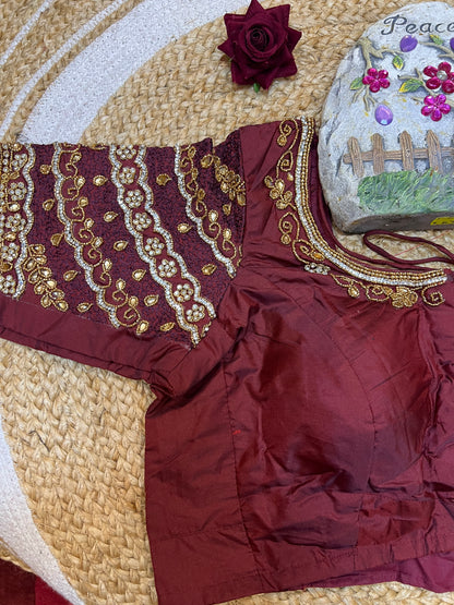 40” Aari hand Worked Sari Blouse Indian Top Choli Silk Maroon B30