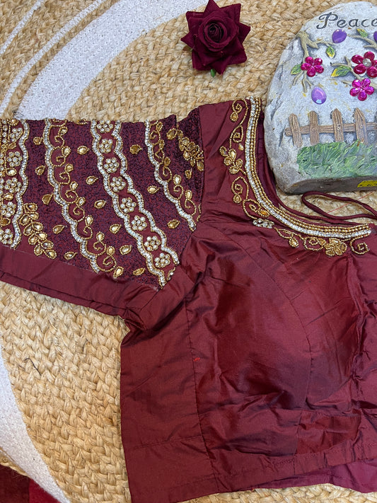 40” Aari hand Worked Sari Blouse Indian Top Choli Silk Maroon B30