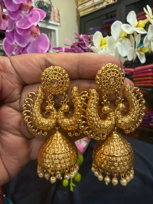 Golden Jumka Jhumka Indian Brass Earrings Jimikki Kammal Indian Jewellery E26