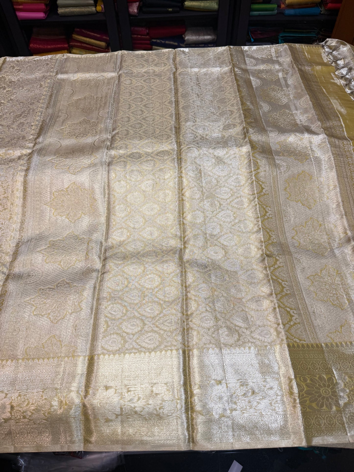 Kanchipuram Pure Silk Bridal Tissue Saree Indian Kanjivaram Light Gold Sari SPK380