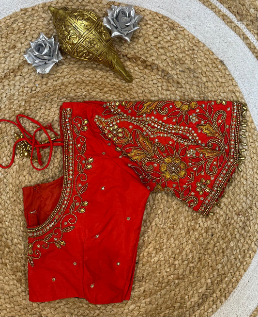 34” XS Aari Worked Sari Blouse Indian Saree Top Silk Red B102