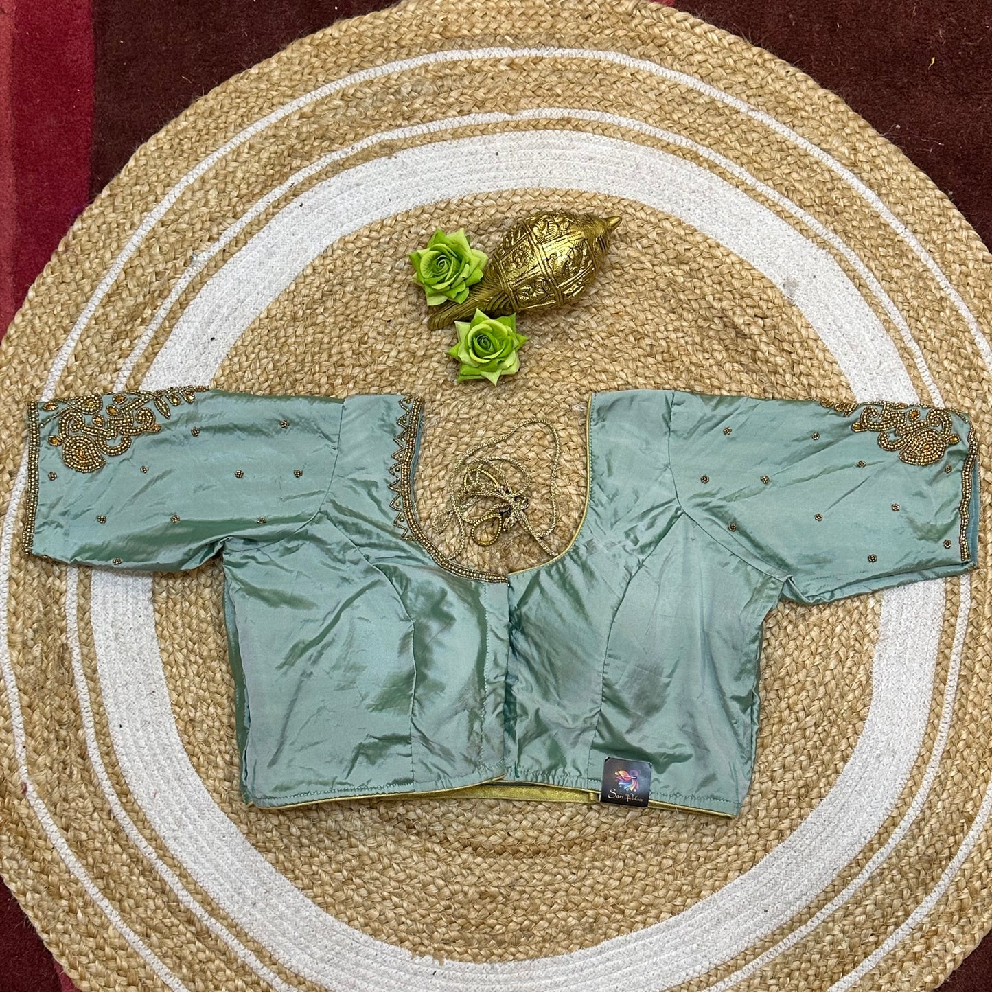 44” Size 14 Aari Worked Sari Blouse Indian Saree Top Silk Pastel Blue B246