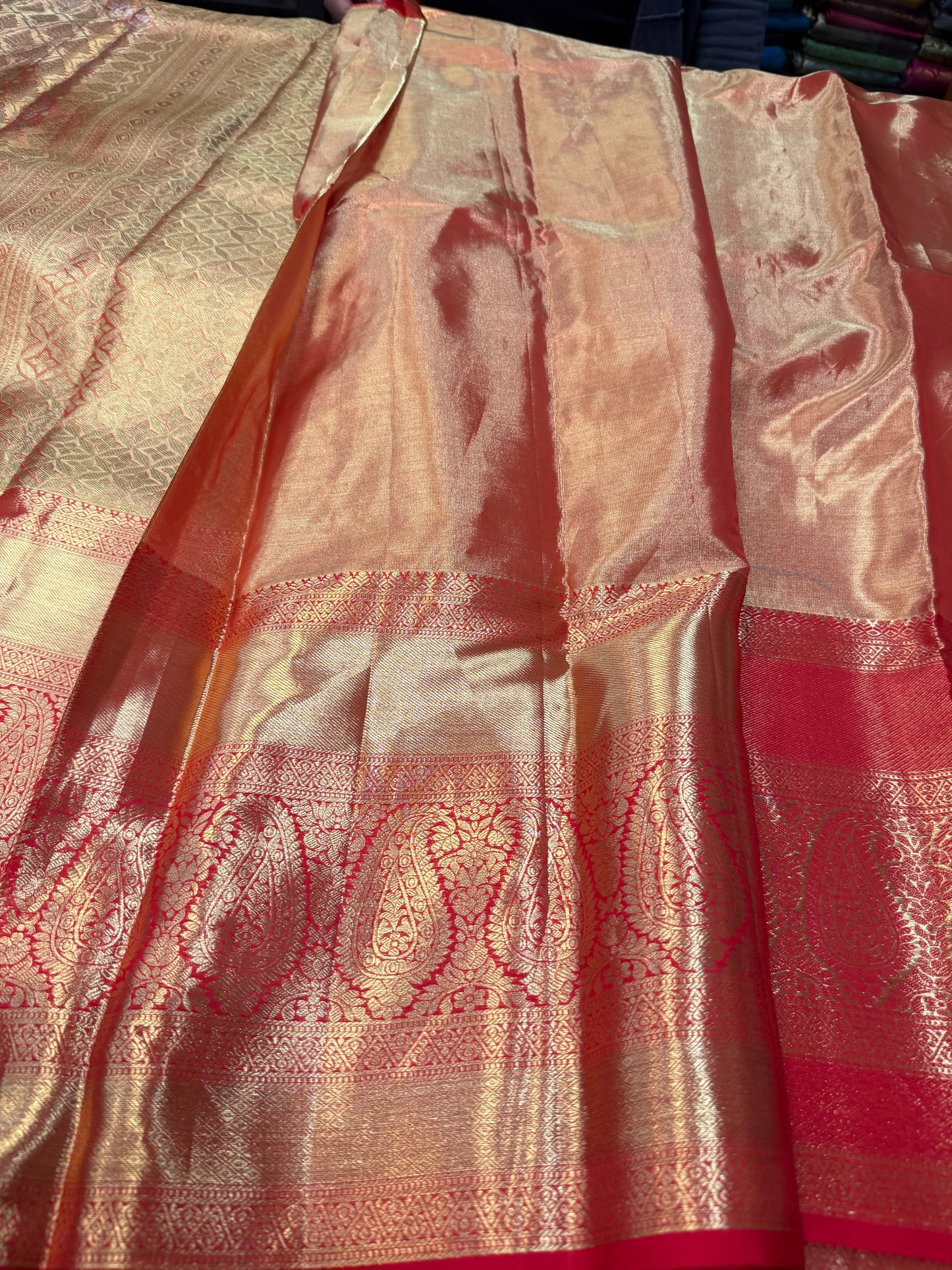 Bridal Tissue Kanchipuram Pure Silk Saree Gold & Red Kanjivaram Sari| SPK153