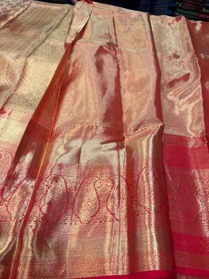 Bridal Tissue Kanchipuram Pure Silk Saree Gold & Red Kanjivaram Sari| SPK153