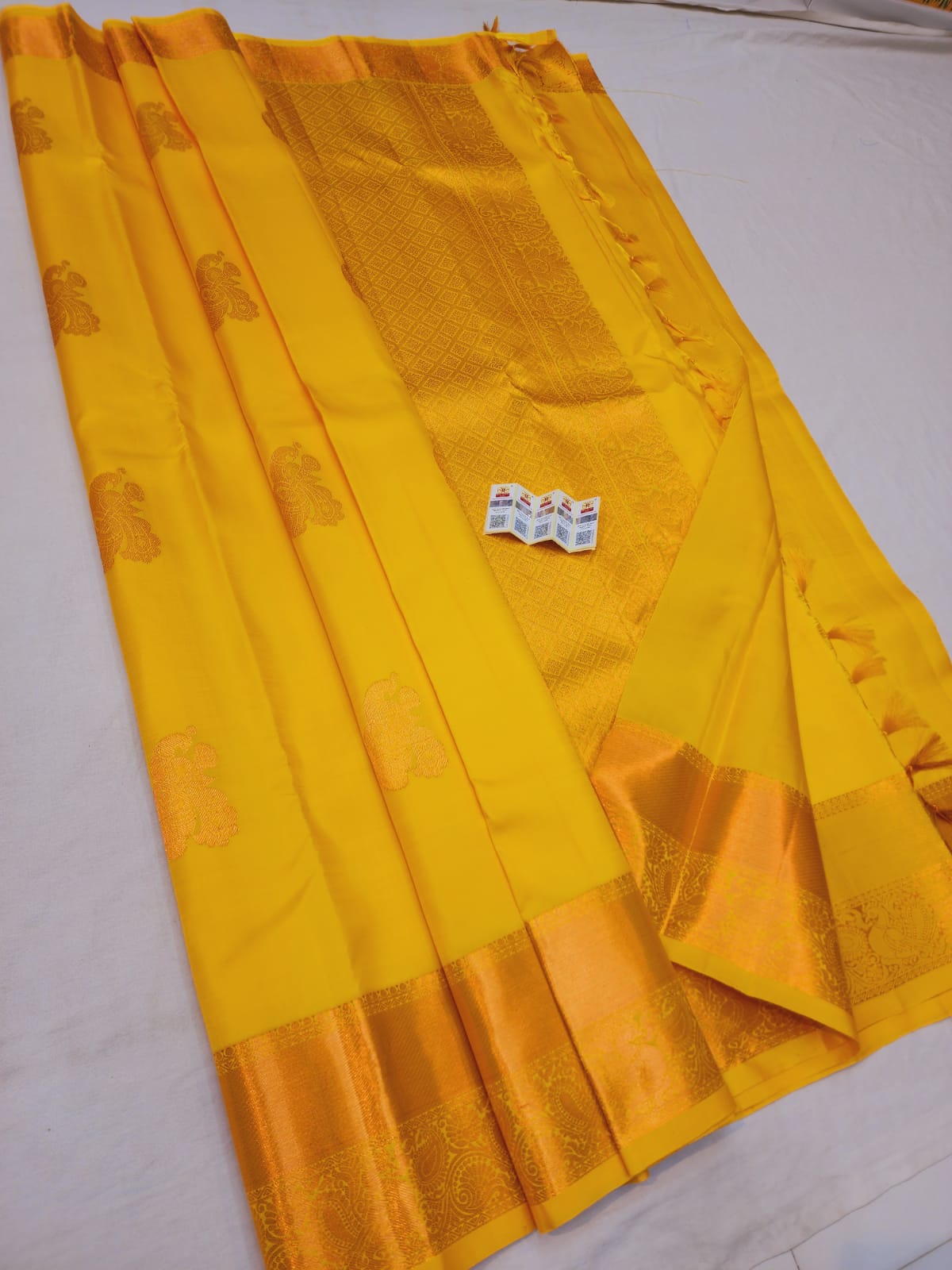 Kanchipuram Pure Silk Saree Yellow with Copper Kanjivaram Sari| SPK186