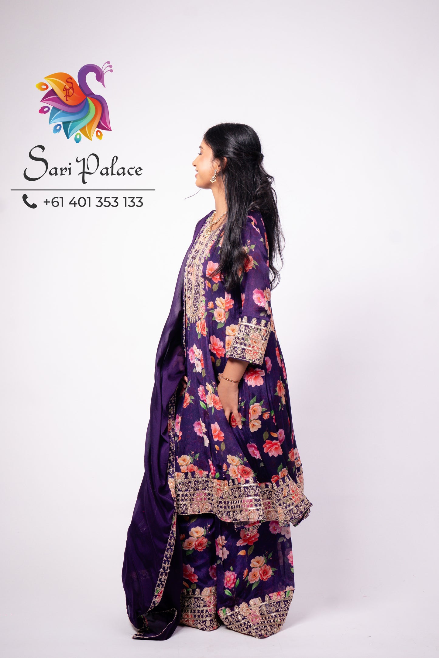 Purple Floral Indian Pakistani Outfit Salwar Kameez Sharara Suit EID S44