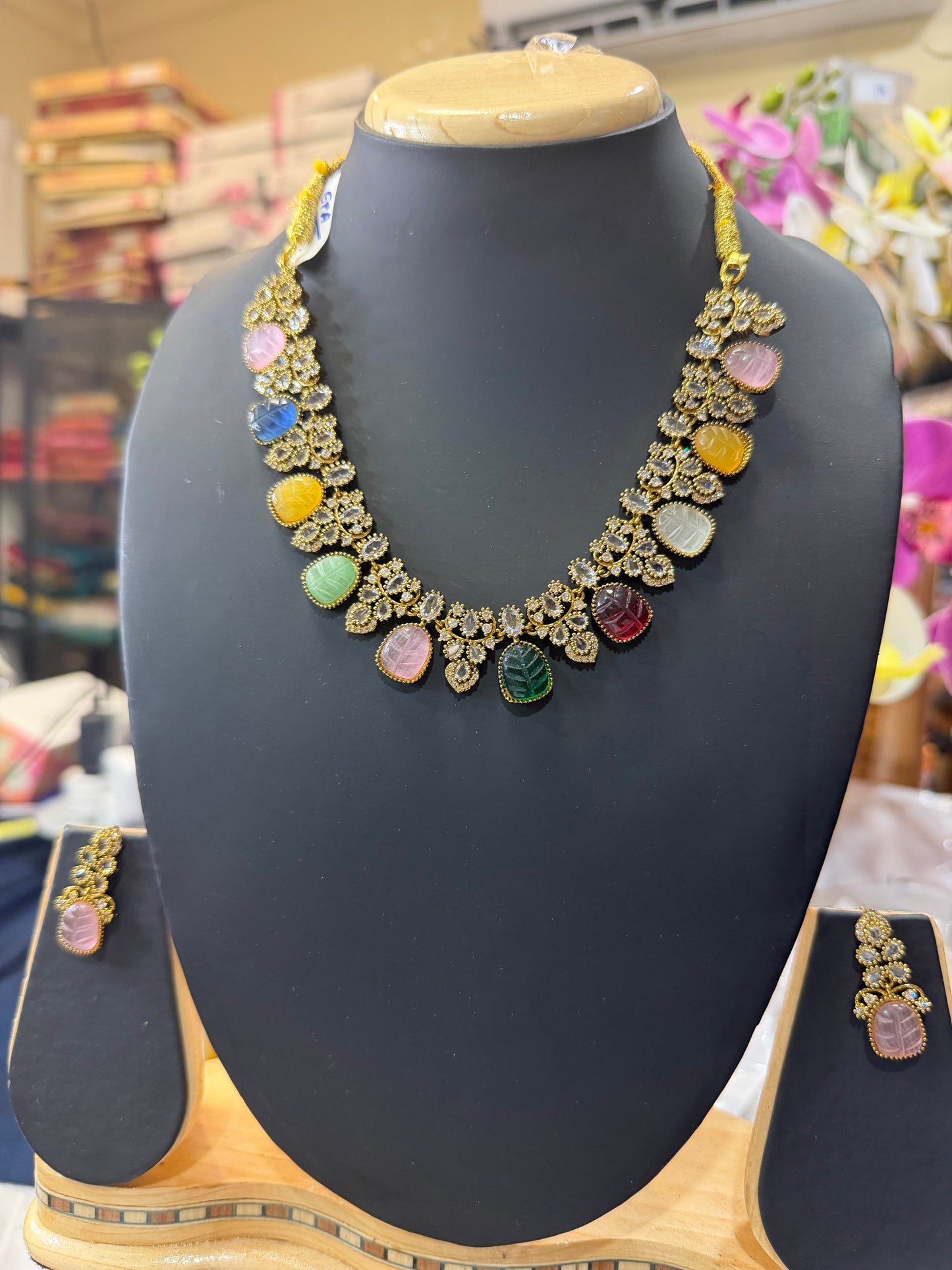 Indian Brass Necklace & Earrings Jewellery Set Multi N62