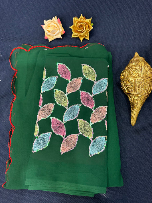 Chiffon Sari Indian Fancy Saree Green with Worked blouse material S120