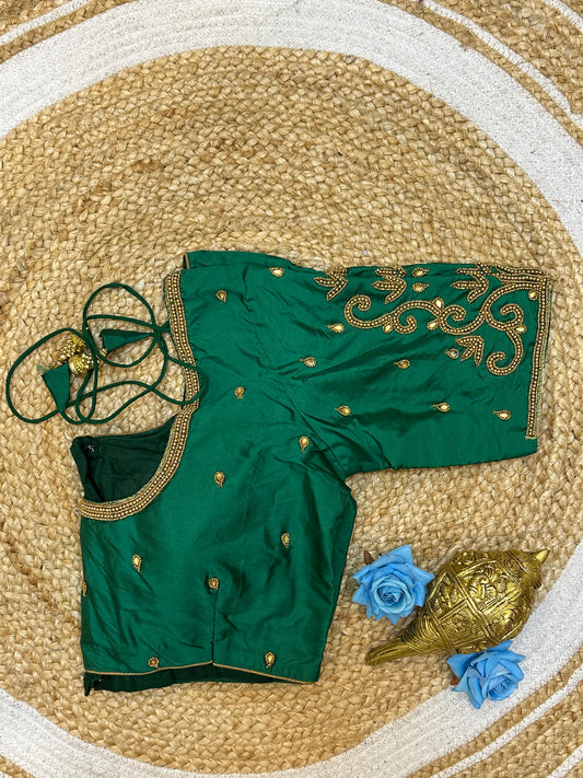 40” Size 10 Aari Worked Sari Blouse Indian Saree Top Silk Green B184