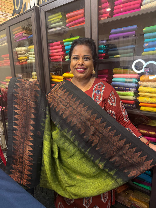 Silk Cotton Linen Sari Indian Saree Copper Jari Green Black S128