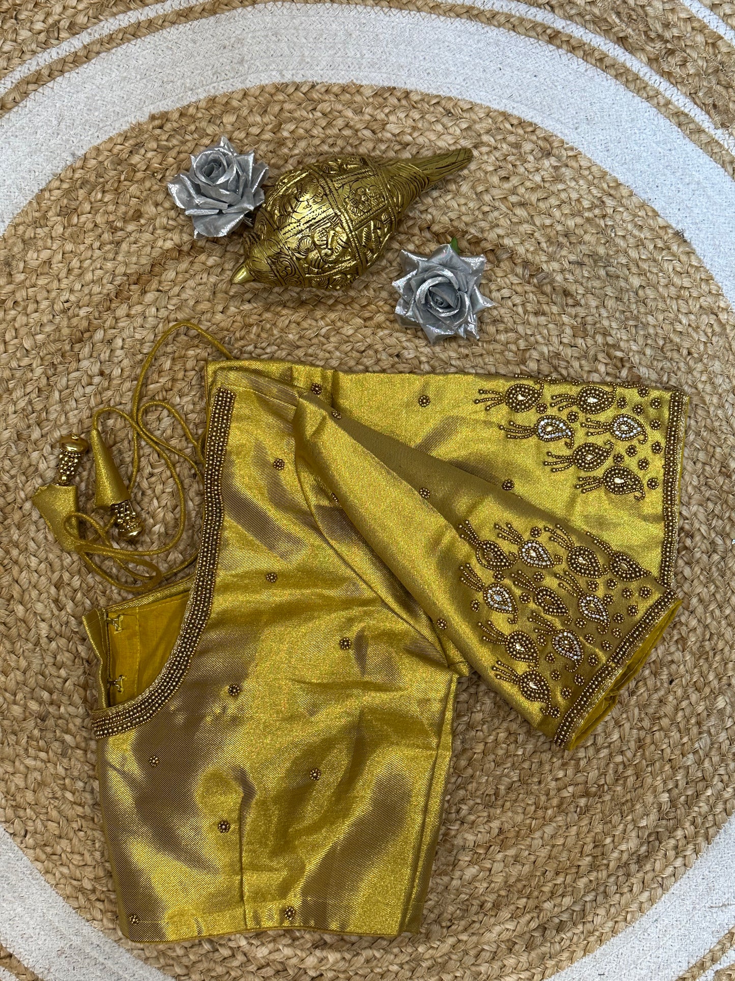 40” Size 10 Aari Worked Sari Blouse Indian Saree Top Silk Gold B177