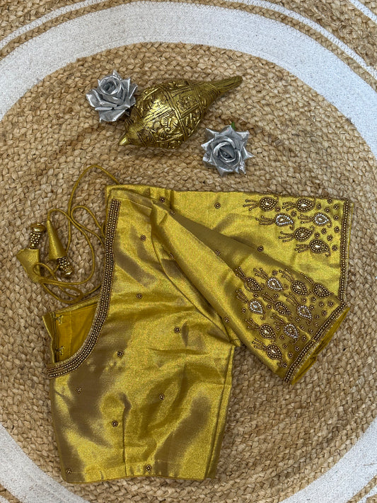 40” Size 10 Aari Worked Sari Blouse Indian Saree Top Silk Gold B177