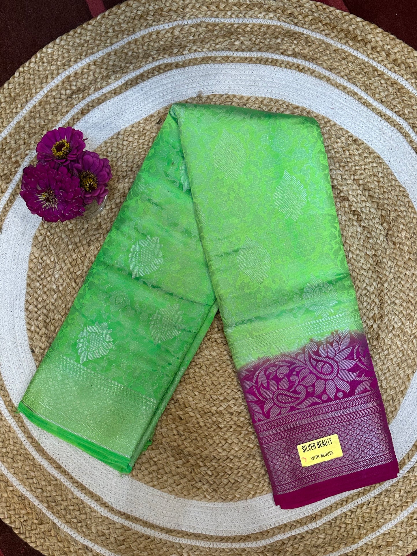 Bangalore Silk Sari Indian Fancy Saree Green & Pink S70
