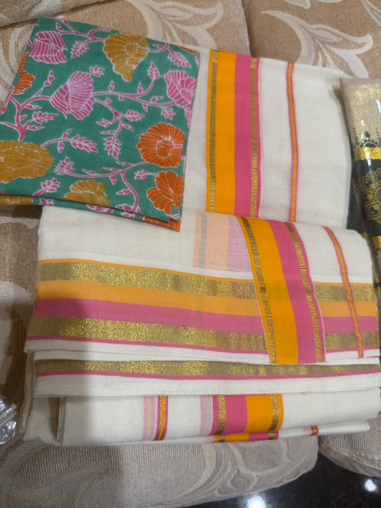 Kerala Multi Set Mundu Vishu Sari Indian hand Printed Kasavu Onam Saree C53