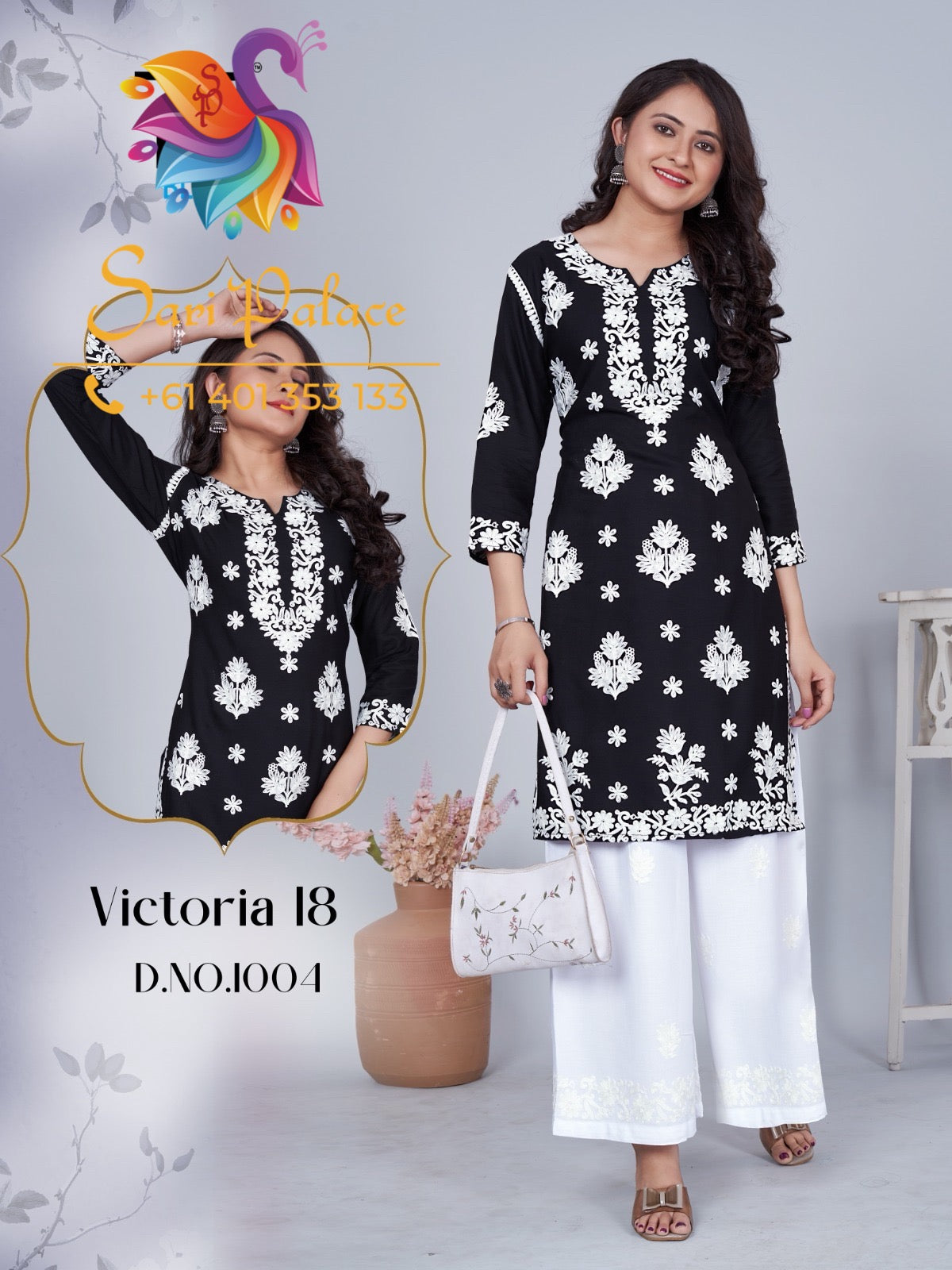Black Indian Ladies Plazo Outfit Rayon Salwar Kameez Chickenkari Kurti Suit SS34