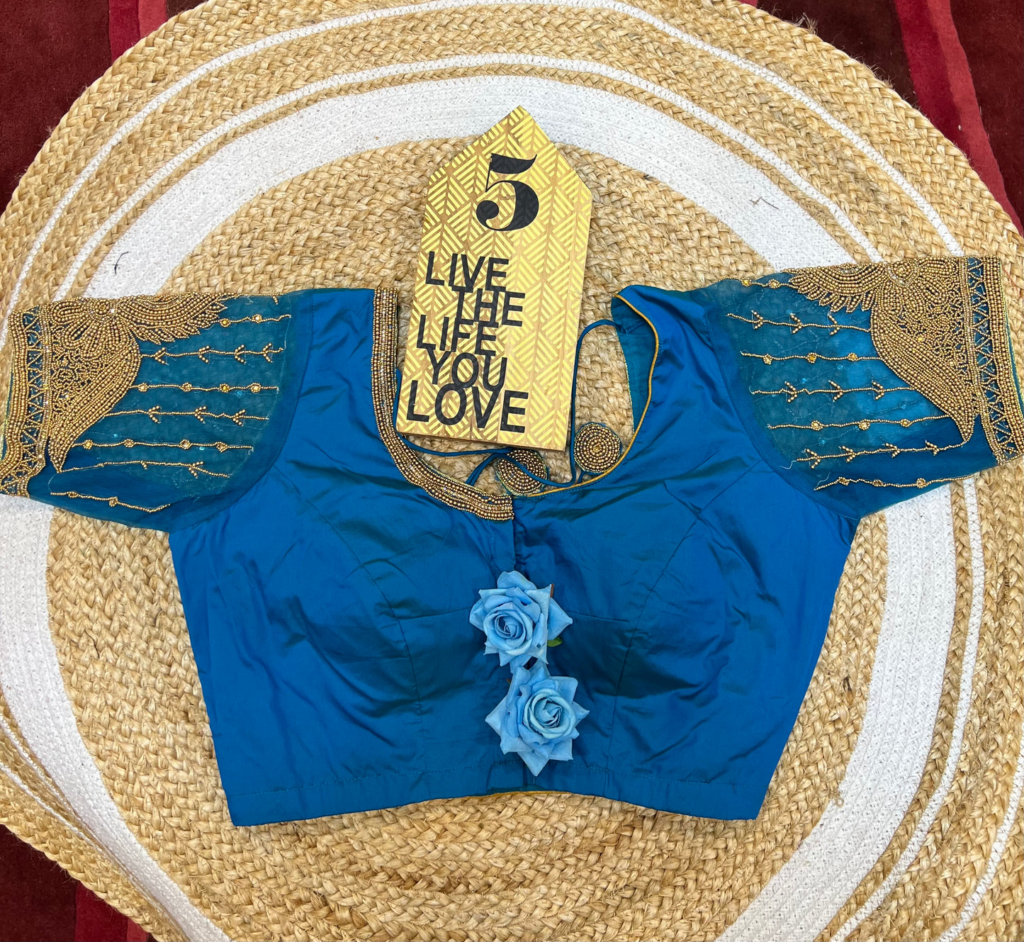 40” Bridal Aari hand Worked Sari Blouse Indian Top Choli Silk Blue B41