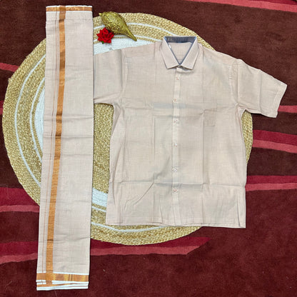 Men’s South Indian Vesti Shirt Combo Rose Gold Copper Tissue Dhotti V11