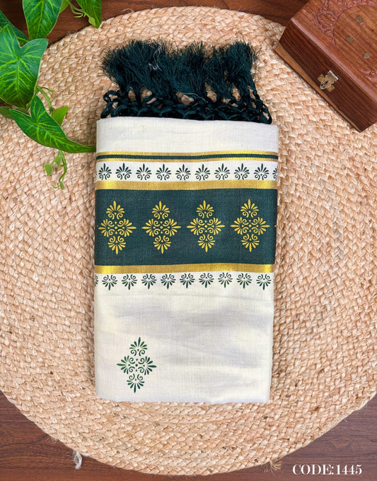 Bottle Green Kerala Vishu Sari Indian Cream Tissue Saree C9 - Col 1