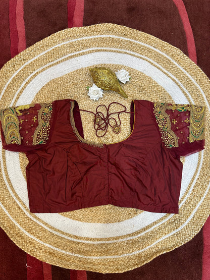 50” Size 20 Aari Worked Sari Blouse Indian Saree Top Silk Maroon B66