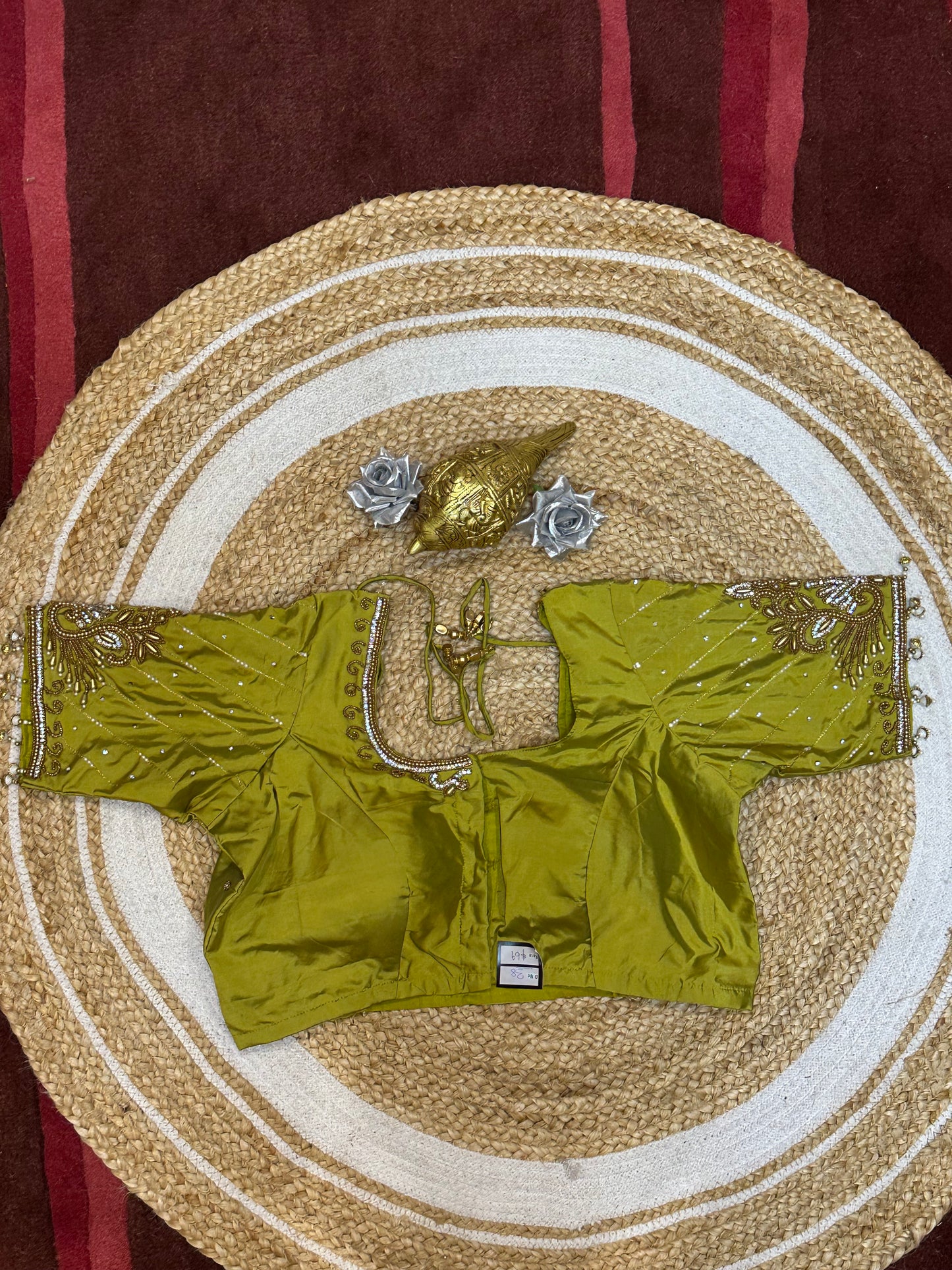 38” M Size 8 Aari Worked Sari Blouse Indian Saree Top Mehendi Green B178