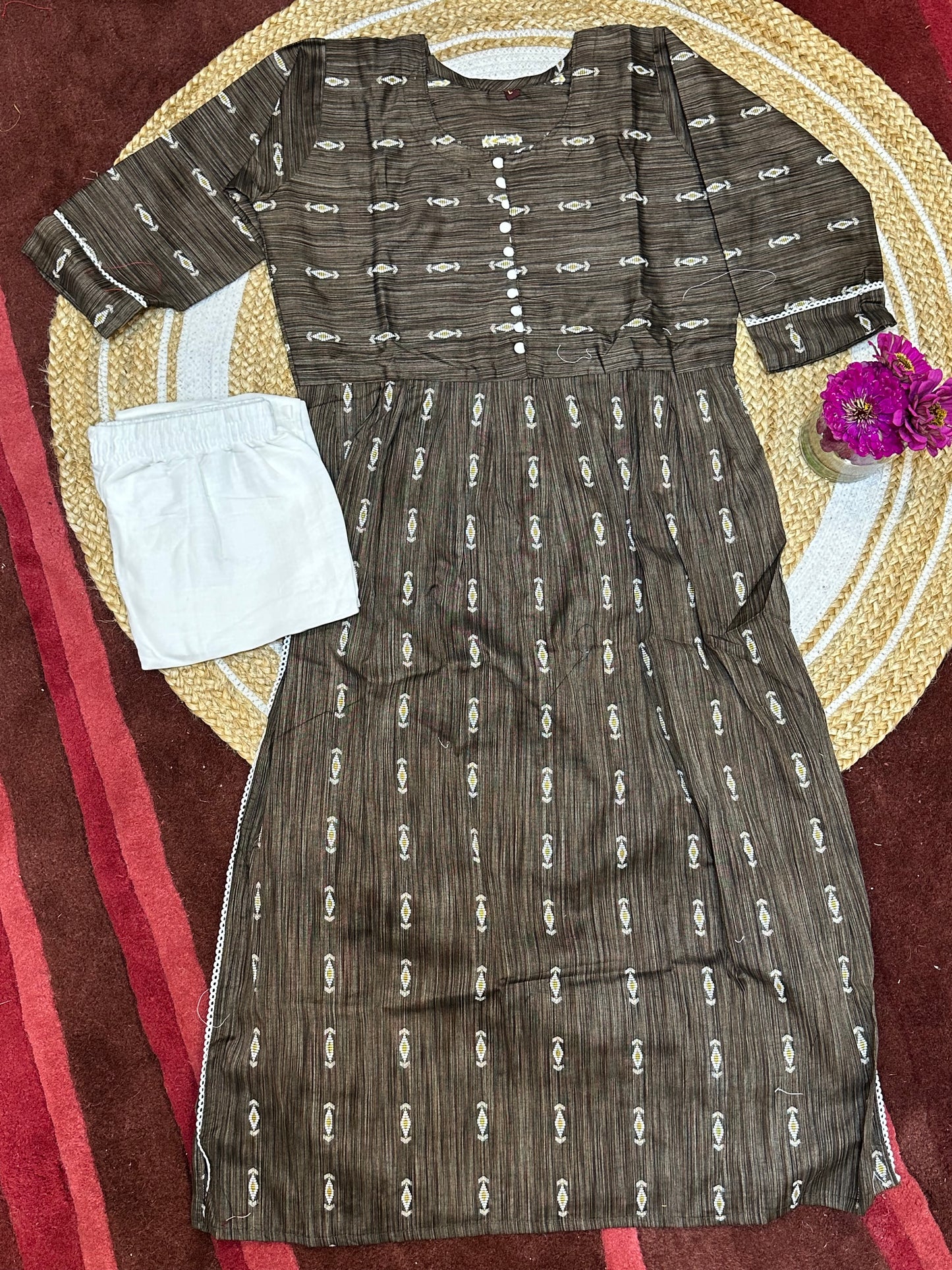 38” Medium Anarkali style Long Kurti with Pants Olive Green SS03