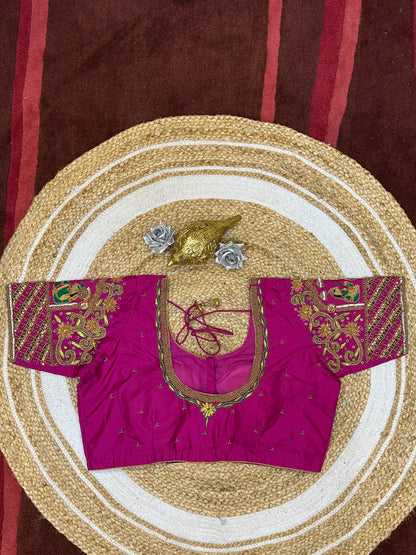 44” Size 14 Aari Worked Sari Blouse Indian Saree Top Silk Pink B136