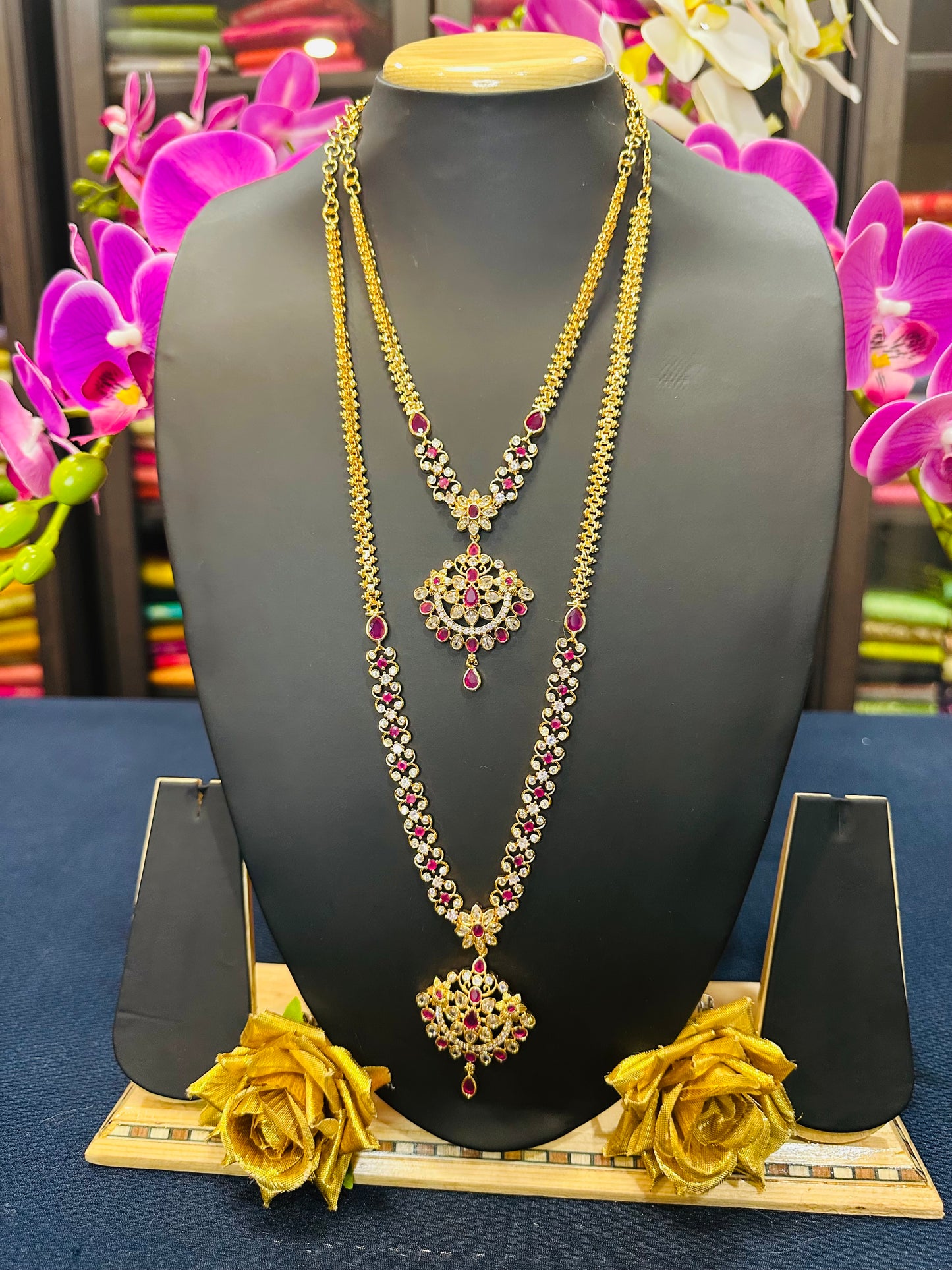 Forming Gold Temple Indian Necklace Ruby Addiyal Jewellery N42