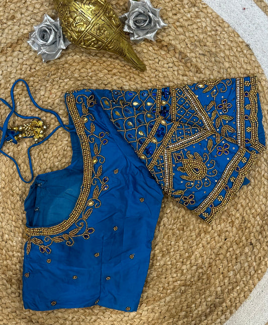 34” XS Aari Worked Sari Blouse Indian Saree Top Silk Blue B108