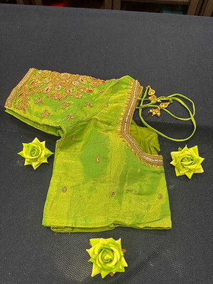 40” Aari hand Worked Sari Blouse Indian Top Choli Silk Green Gold B12