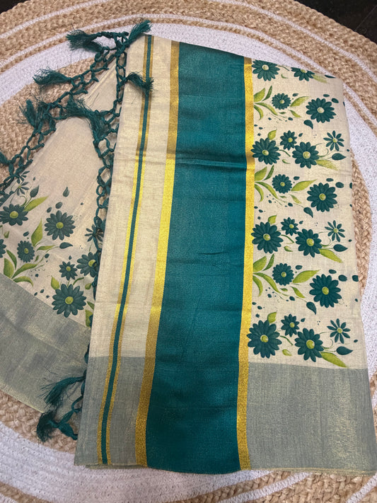 Turquoise Green Kerala Vishu Sari Indian Cream Tissue hand Printed Onam Saree C16
