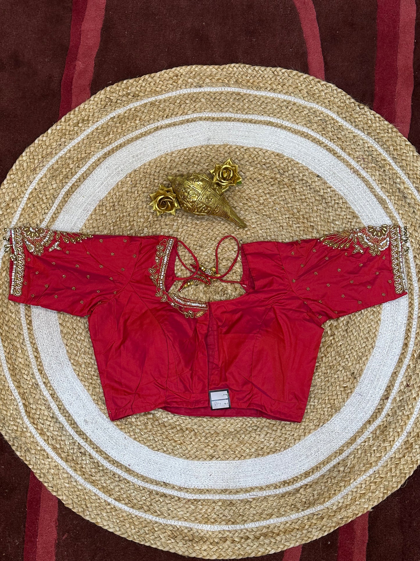 40” Size 10 Aari Worked Sari Blouse Indian Saree Top Silk Red B71