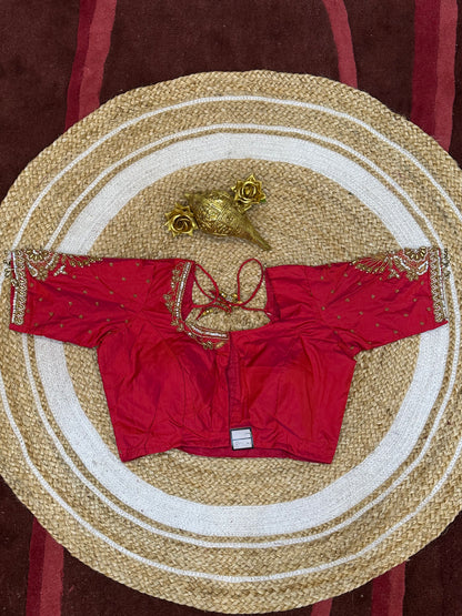 40” Size 10 Aari Worked Sari Blouse Indian Saree Top Silk Red B71