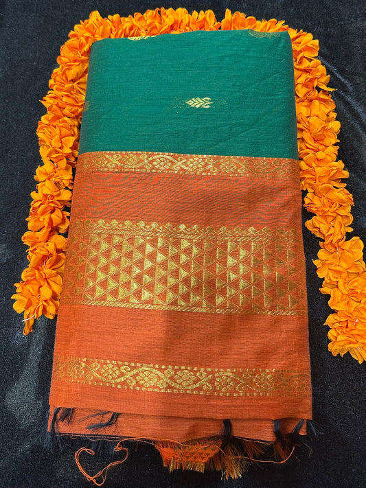 Kalyani Silk Cotton Sari Indian Saree Green & Orange S58