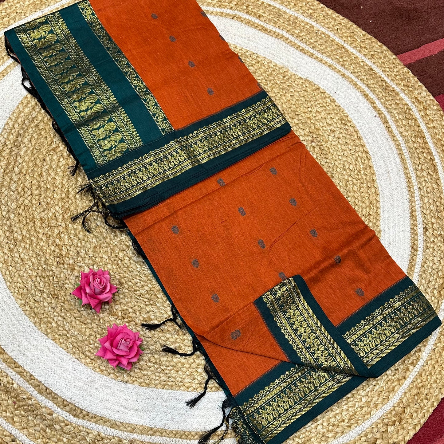 Orange & Teal Green Kalyani Silk Cotton Sari South Indian Saree S140