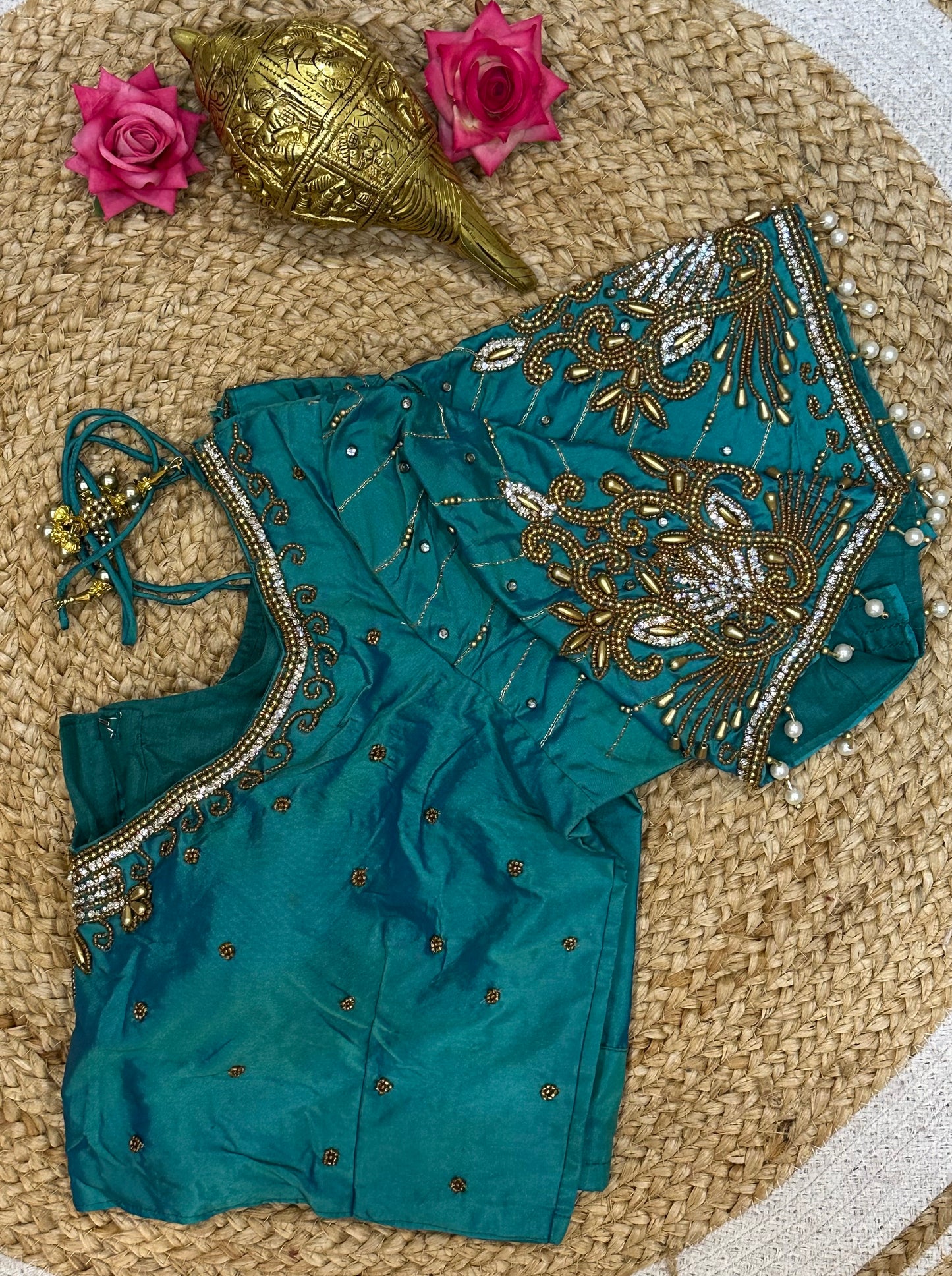 40” Size 10 Aari Worked Sari Blouse Indian Saree Top Silk Teal Green B90