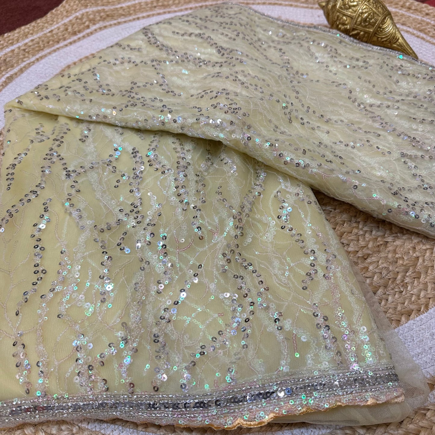 Net Sari Indian Bollywood Sequins Designer Fancy Party wear Saree Yellow Z2